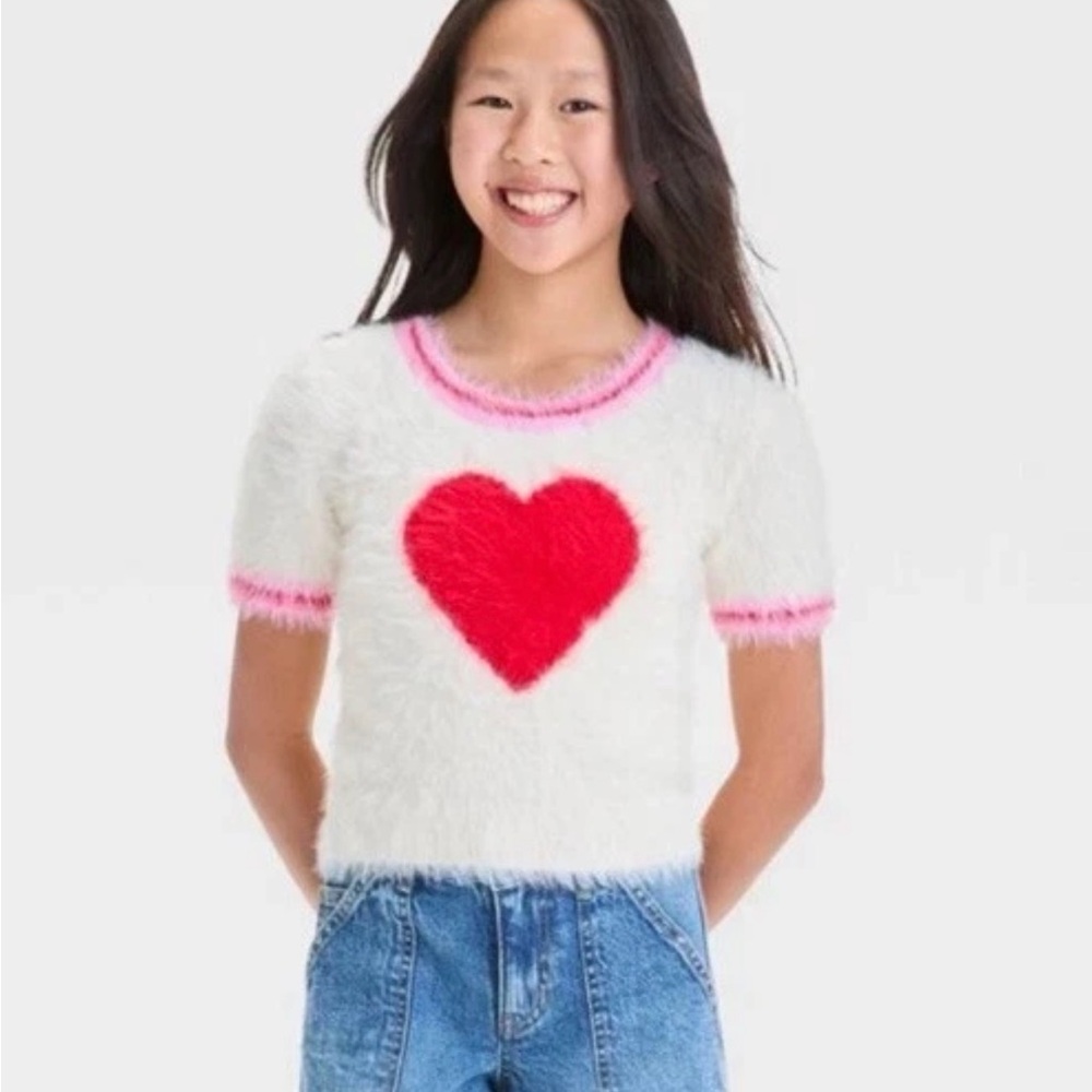 New Art Class Girls' Valentine's Day Fuzzy Heart Sweater Ivory M / L Vs7 - Picture 4 of 5